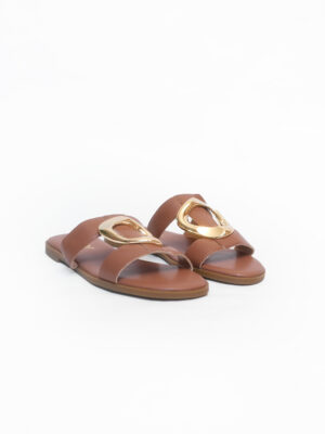 (2FOR45K) DKNY CAMEL LEATHER GOLD BUCKLE DETAIL SLIPPERS