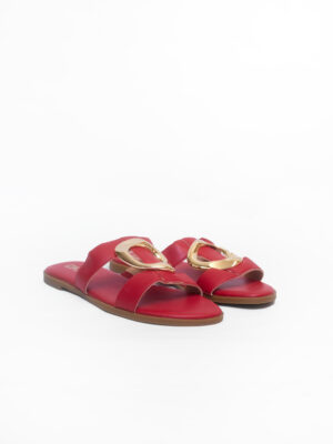 (2FOR45K) DKNY RED LEATHER GOLD BUCKLE DETAIL SLIPPERS
