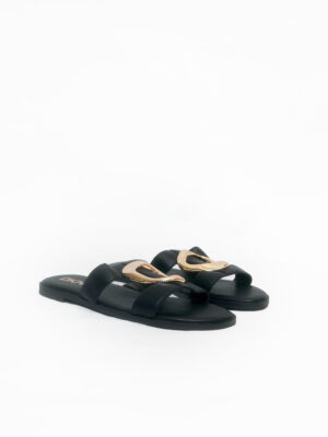 (2FOR45K) DKNY BLACK LEATHER GOLD BUCKLE DETAIL SLIPPERS