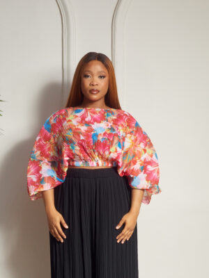 (2FOR30K)PINK FLORAL SUNRAY BATWING CROP TOP