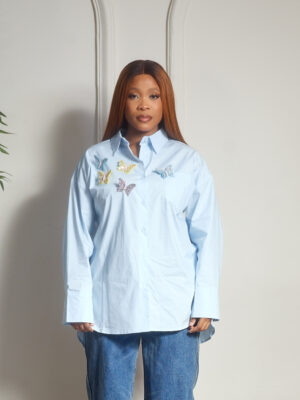 ROUBAI BLUE ONE POCKET EMBELLISHED BUTTERFLIES SPLIT BACK SHIRT