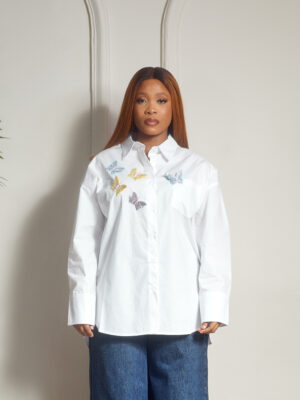 ROUBAI WHITE ONE POCKET EMBELLISHED BUTTERFLIES SPLIT BACK SHIRT