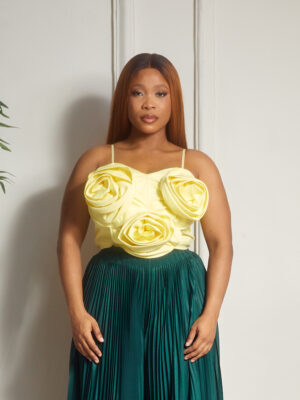 YELLOW THIN STRAP RIB BONE BLACK ROSE INSERT TOP