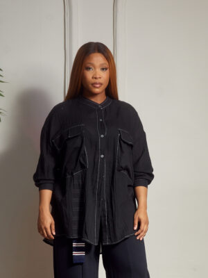 (2FOR40K) SHUO CRINKLED BLACK DOUBLE POCKET SHIRT