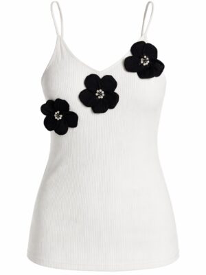 IVORY THIN STRAP RIB BONE BLACK ROSE INSERT TOP