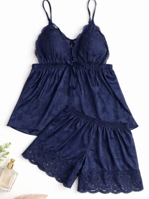 MEIH NAVY JACQUARD WITH LACE INSERT SHORT SLEEP SET