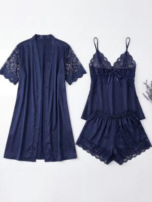 MEIH NAVY SILK WITH LACE INSERT 3PCS SLEEP SET