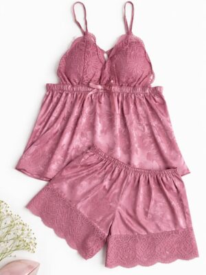 MEIH PINK JACQUARD WITH LACE INSERT SHORT SLEEP SET