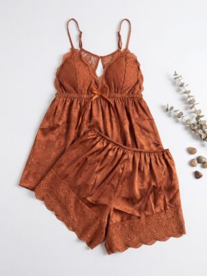 MEIH RUST JACQUARD WITH LACE INSERT SHORT SLEEP SET