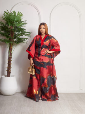 SASHES X HIDES RED BROCADE WITH RED VELVET NECKLINE CAFTAN