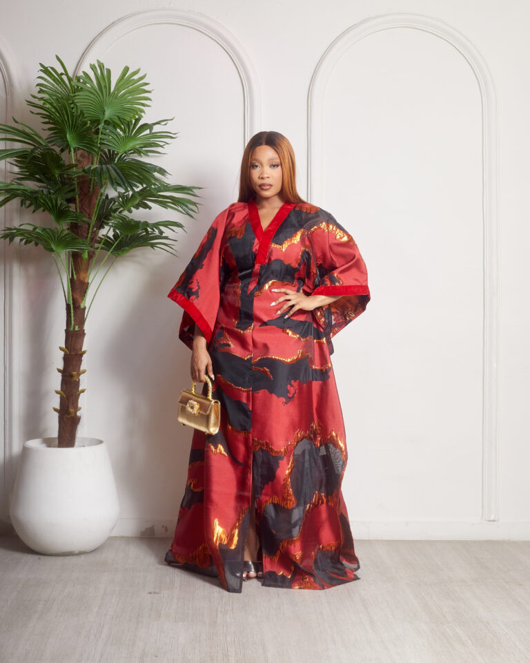 SASHES X HIDES RED BROCADE WITH RED VELVET NECKLINE CAFTAN