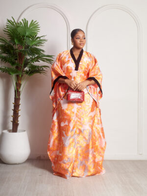 SASHES X HIDES ORANGE BROCADE WITH BLACK VELVET NECKLINE CAFTAN