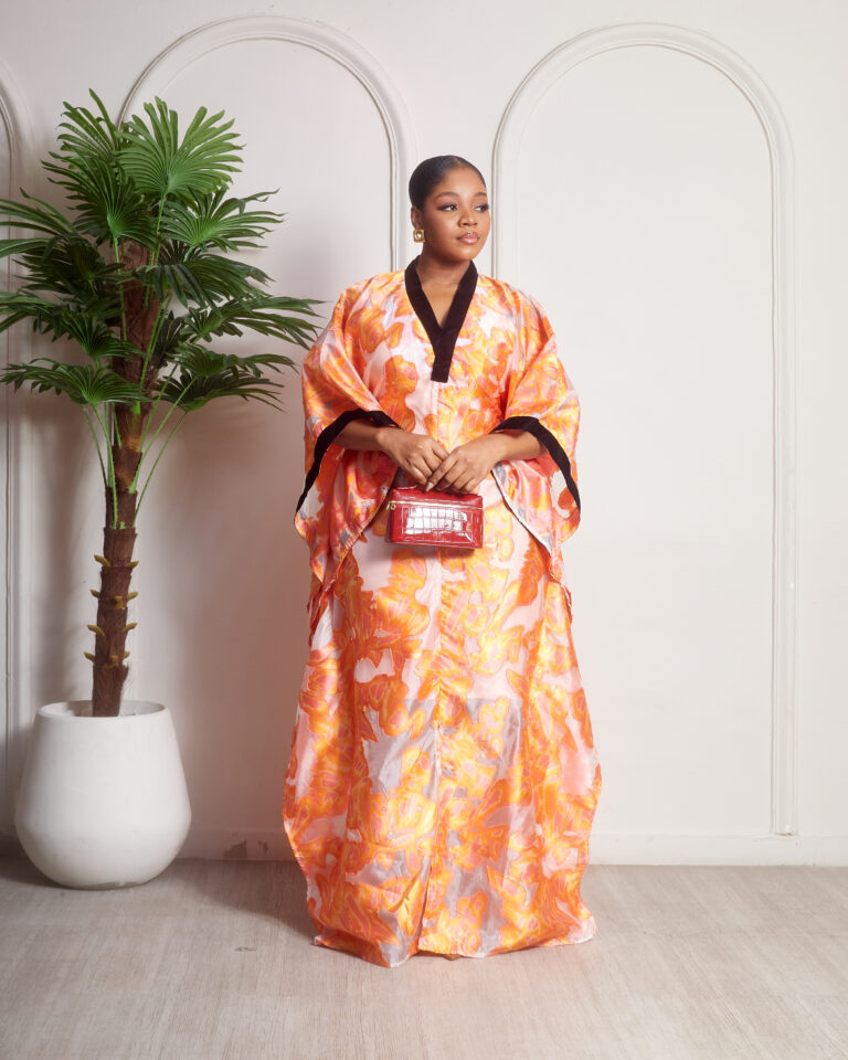 SASHES X HIDES ORANGE BROCADE WITH BLACK VELVET NECKLINE CAFTAN