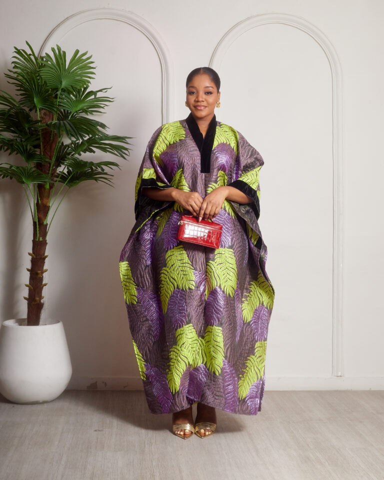 SASHES X HIDES GREEN LEAF BROCADE WITH BLACK VELVET NECKLINE CAFTAN