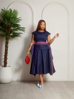 SASHES X HIDES NAVY IRREGULAR SHAWL PEPLUM SKATER DRESS