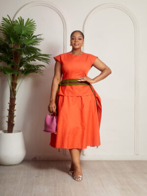 SASHES X HIDES ORANGE IRREGULAR SHAWL PEPLUM SKATER DRESS