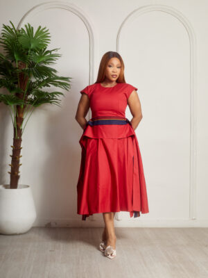 SASHES X HIDES RED IRREGULAR SHAWL PEPLUM SKATER DRESS