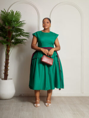 SASHES X HIDES GREEN IRREGULAR SHAWL PEPLUM SKATER DRESS