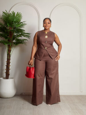 SASHES X HIDES CHOCO LINEN MIXED BUTTONS WAISTCOAT PANT SUIT SET