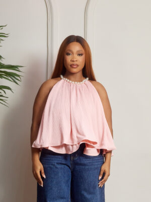 (2FOR40K) VIMO SALMON PLEATED PEARL NECK TOP