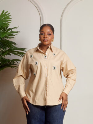 NEWSTYLE STONE WITH GREEN STONE BROOCH INSERT SHIRT