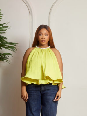 (2FOR40K) VIMO LIME PLEATED PEARL NECK TOP