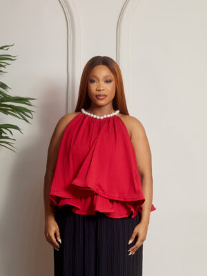 (2FOR40K) VIMO WINE PLEATED PEARL NECK TOP