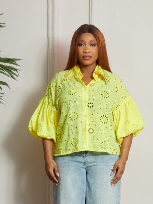 (2FOR40K) VIMO YELLOW EMBELLISHED BUBBLE SLEEVES LONG COLLAR BLOUSE