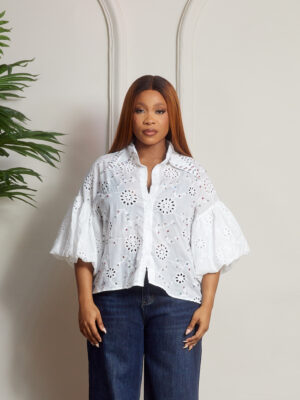 (2FOR40K) VIMO IVORY EMBELLISHED BUBBLE SLEEVES LONG COLLAR BLOUSE