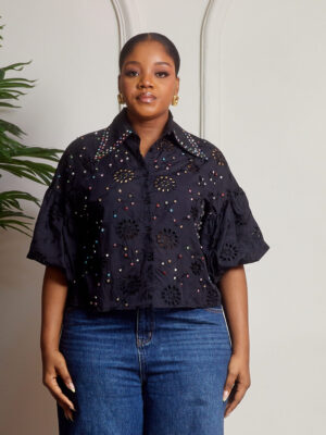 (2FOR40K) VIMO BLACK EMBELLISHED BUBBLE SLEEVES LONG COLLAR BLOUSE