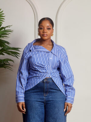 ZR DARK BLUE STRIPE DECONSTRUCTED COLLAR DEEP HEM SHIRT