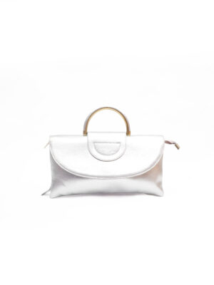 SILVER VINTAGE OVERSIZED LEATHER METAL GRAB HANDLE PURSE