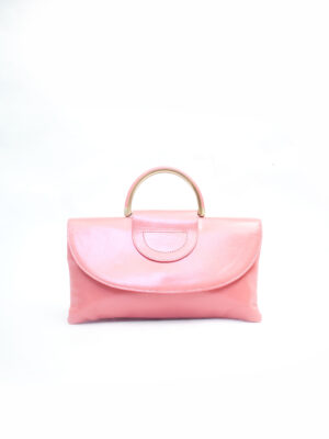 PINK SMOOTH VINTAGE OVERSIZED LEATHER METAL GRAB HANDLE PURSE