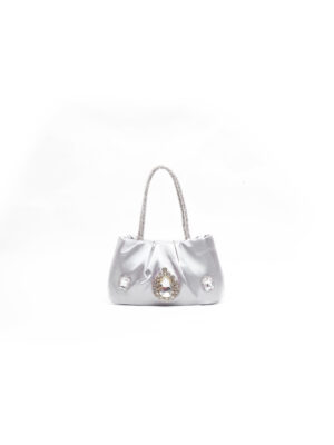 6145 SILVER SATIN DRAPE 3 BROOCHES PARTY BAG