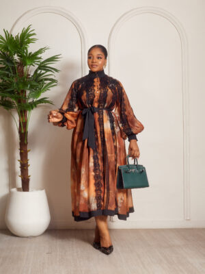 CHOCO TYE PRINT WITH BLACK CHANTILLY INSERT SHIRT DRESS