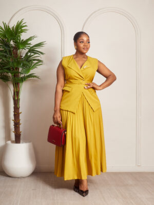 ZR MUSTARD COLLARED BELTED PLEATED SKATER SKIRT SUIT SET