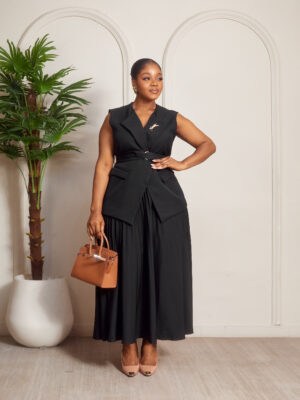 ZR BLACK COLLARED BELTED PLEATED SKATER SKIRT SUIT SET