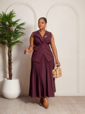 ZR CHOCO COLLARED BELTED PLEATED SKATER SKIRT SUIT SET