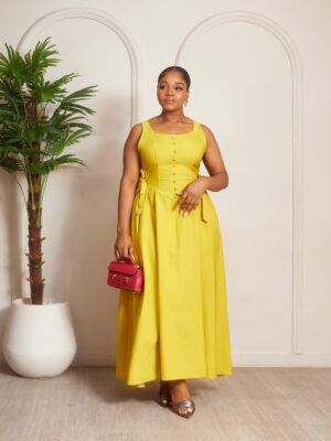 (2FOR60K)ZR MUSTARD SIDE BOW DOLL MIDI DRESS