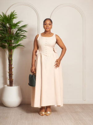 (2FOR60K)ZR BEIGE SIDE BOW DOLL MIDI DRESS