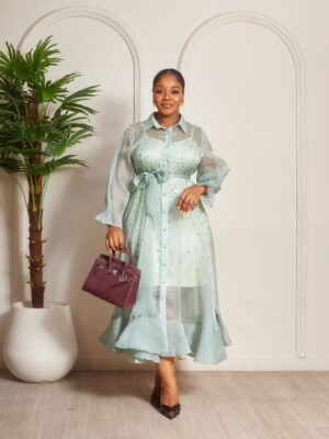 OLIVE EMBELLISHED TAPHETTA SHIRT DRESS