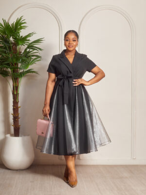 BLACK WRAP WITH GUN TAPHETTA SCARF DETAIL JACKET DRESS