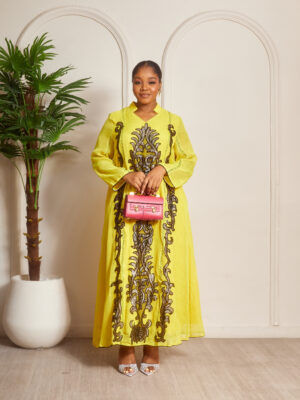 YELLOW WITH BLACK APPLIQUE TEXTURED LINEN ETHIC CAFTAN