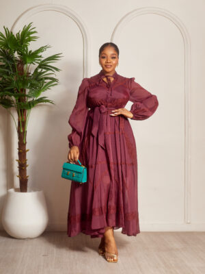 PLUM CHANTILLY INSERT BISHOP NECK TAPPHETA SHIRT DRESS