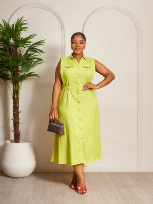 (2FOR60K) LIME LINEN MILITARY DECONSTRUCTED BELT SHIRT DRESS