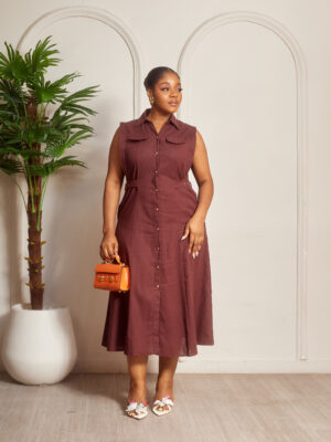 (2FOR60K) COFFEE LINEN MILITARY DECONSTRUCTED BELT SHIRT DRESS