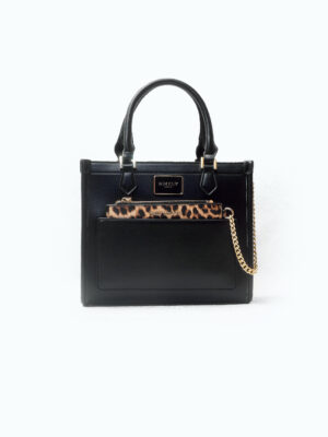EMILY LORAN 11002 BLACK WITH LEOPARD CHAIN PURSE TOP HANDLE BAG