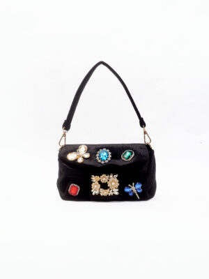 BLACK VELVET SLOUCH BOLD STONE BROOCH BAG