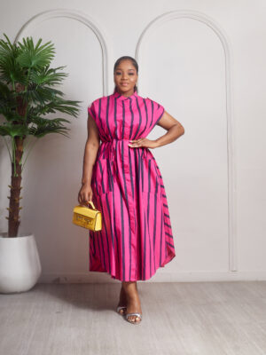 (2FOR60K) MATI6017 PINK STRIPE BISHOP NECK SHIRT DRESS