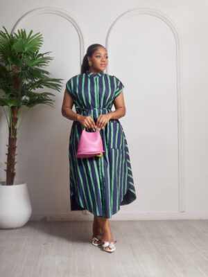 (2FOR60K) MATI6017 NAVY STRIPE BISHOP NECK SHIRT DRESS